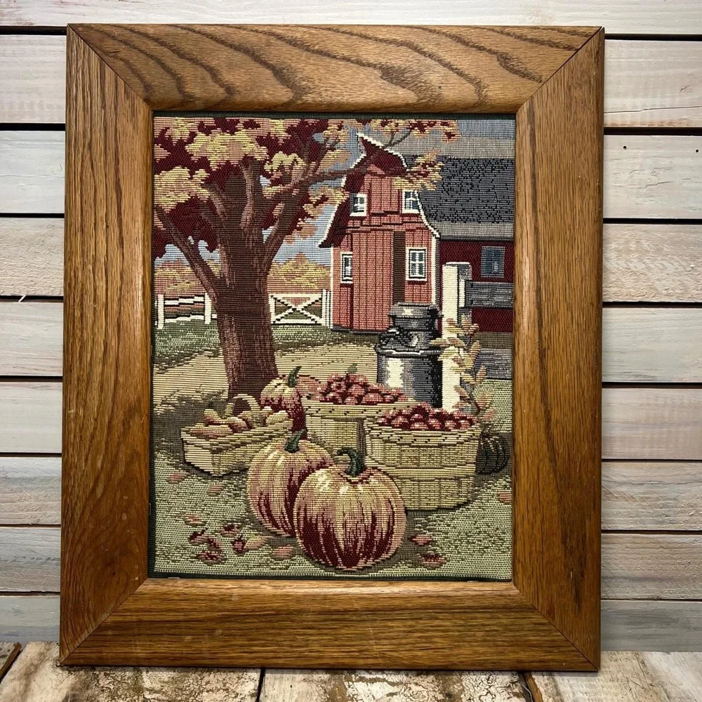 Vintage Harvest Woven Tapestry Framed Farm‎ Barn Autumn Fall Decor CottageCore